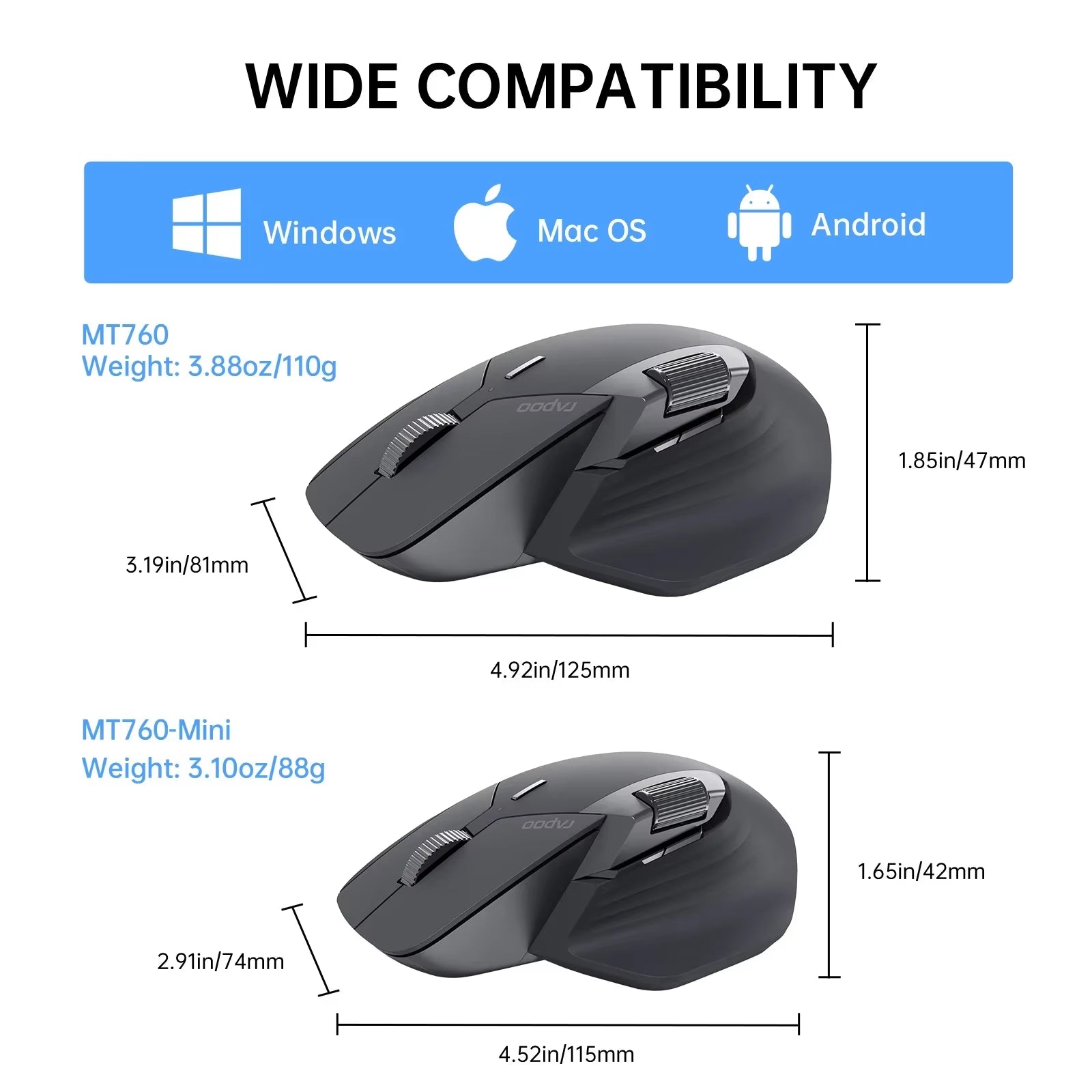MT760L/MT760M Multi-Mode Rechargeable Wireless Mouse Ergonomic 4000 DPI Support up to 4 Devices Bluetooth Mouse