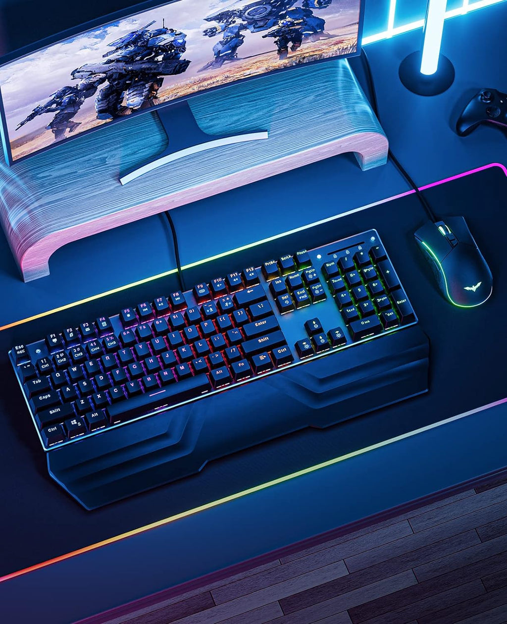 Havit Mechanical Keyboard and Mouse Combo RGB Gaming 104 Keys Blue Switches Wired USB Keyboards with Detachable Wrist Rest, Programmable Gaming Mouse for PC Gamer Computer Desktop (Black)